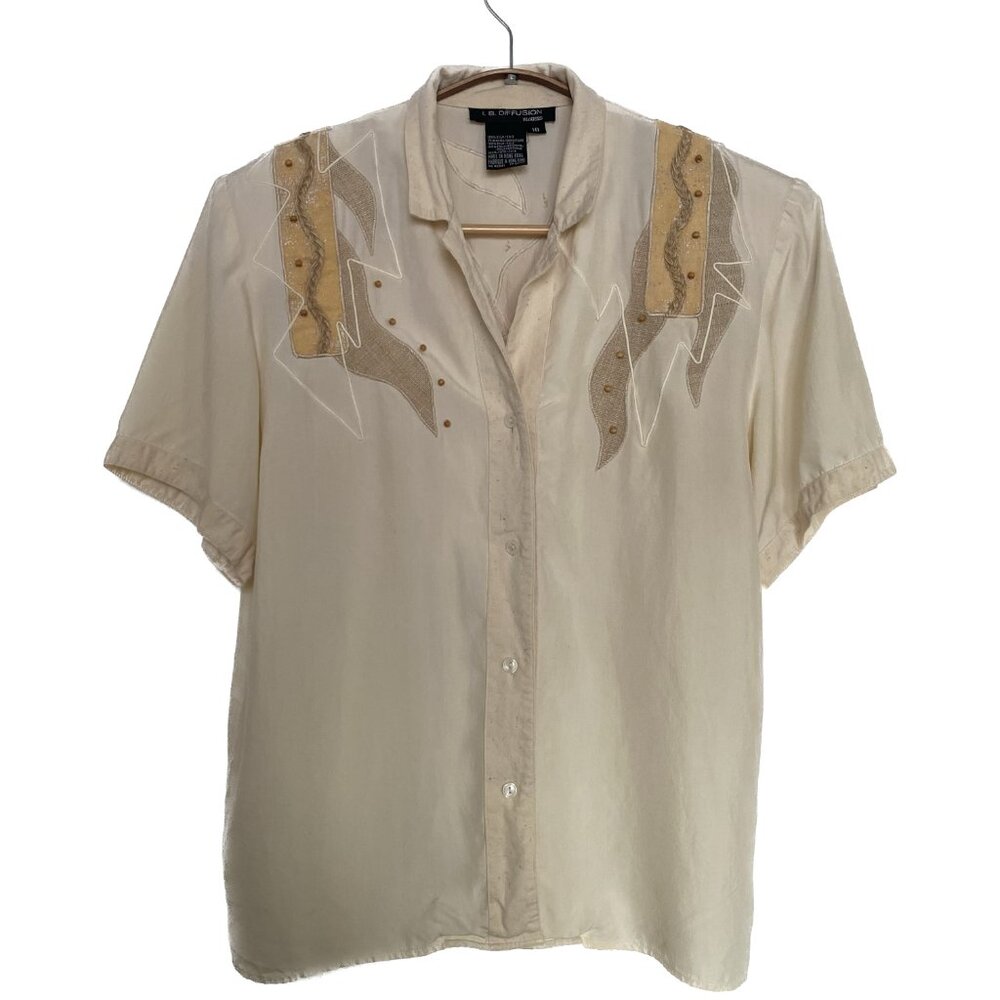 Vintage 100% Silk Blouse Women SZ 10 Cream Beige 90s Embroidered Appliqué Beaded